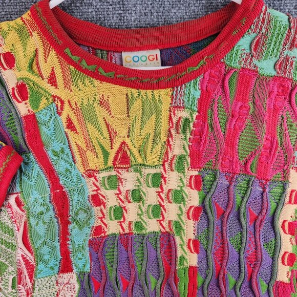 COOGI Australia Short Sleeve Sweater Knit Intricate Colorful Large Patchwork Art - Picture 2 of 16